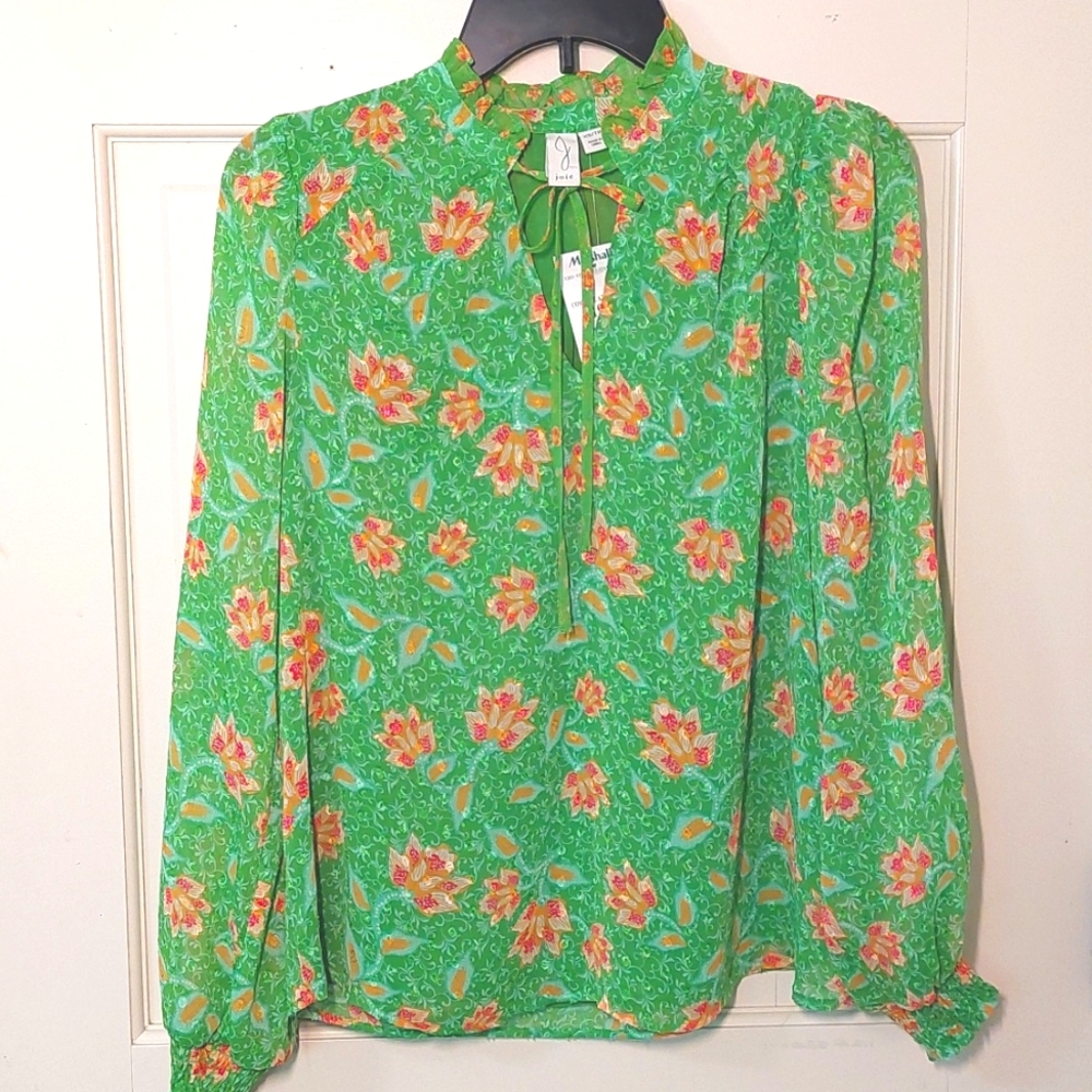 NWT Joie Green Floral Chiffon Top, Size XS runs big